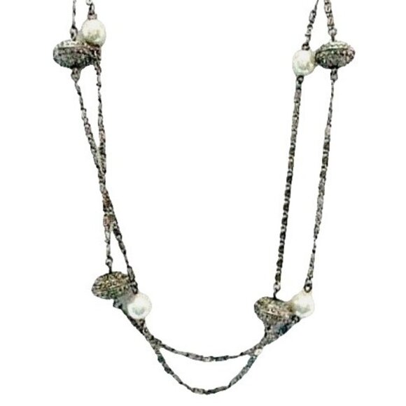 90s Silvertone Chain Necklace - Beads Faux Pearls - 37" Long - Vintage Avon - Picture 1 of 4